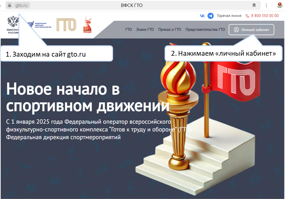 Авторизация и вход в личный кабинет участников движения ГТО осуществляется через портал Госуслуги..